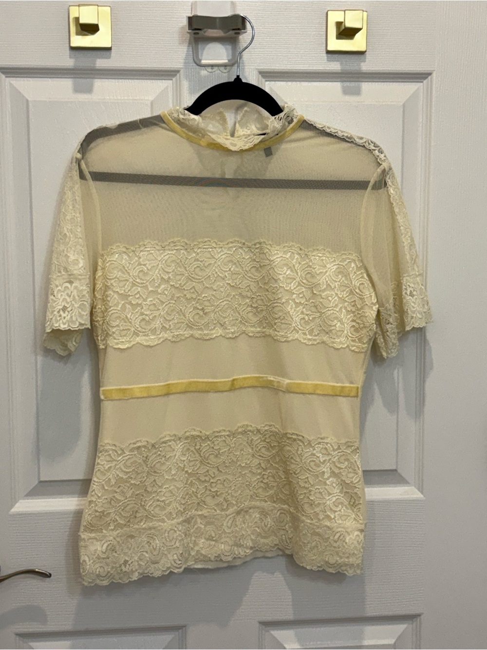 Vintage Le Château Sheer Lace Panel Short Sleeve Top in Cream #1411